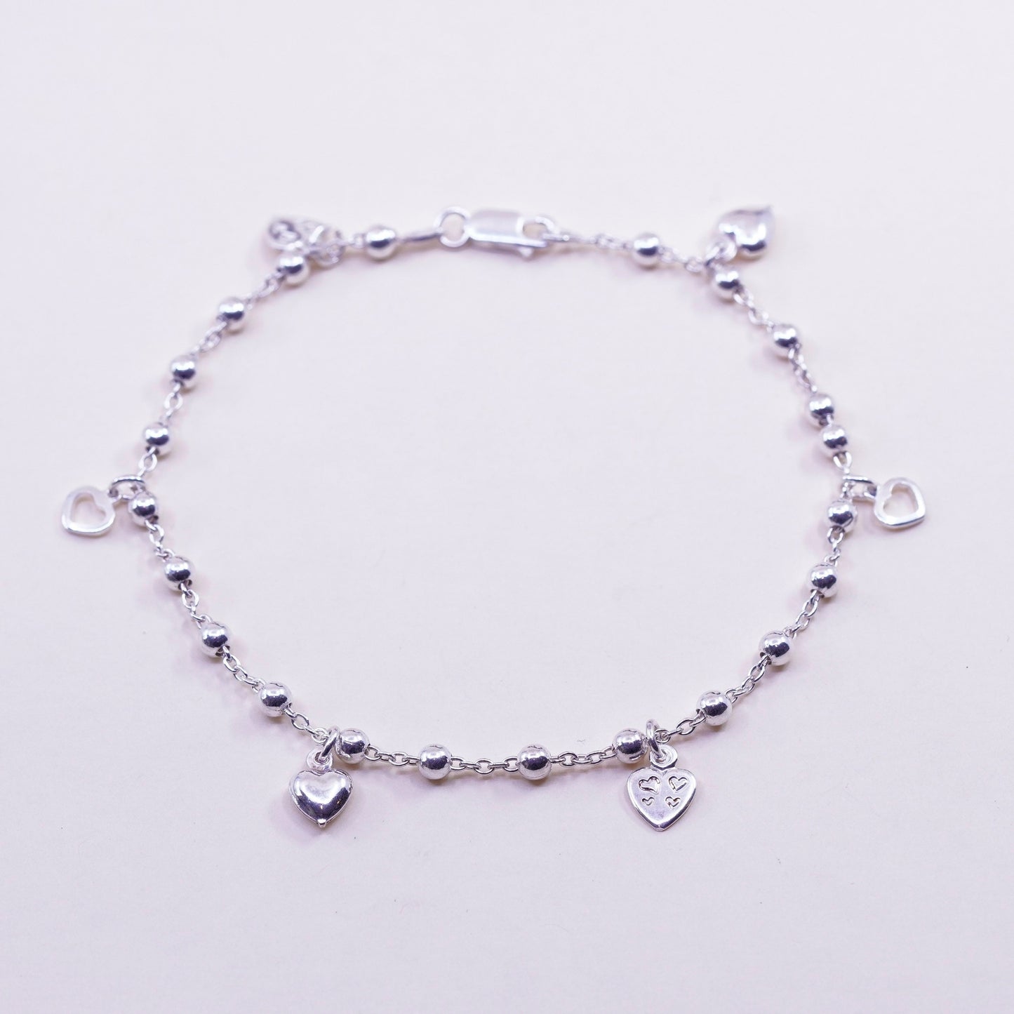 9.75”, sterling silver handmade anklet bracelet, 925 circle chain heart charms