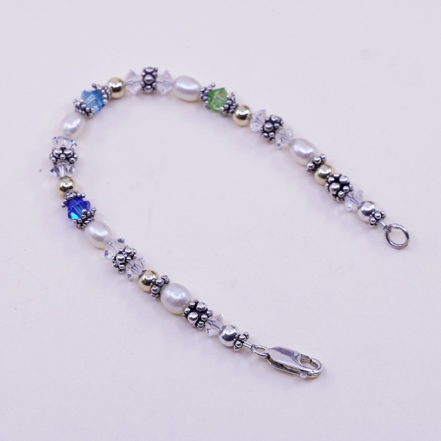 6.75”, Vintage handmade bracelet, pearl crystal with 14K gold beads