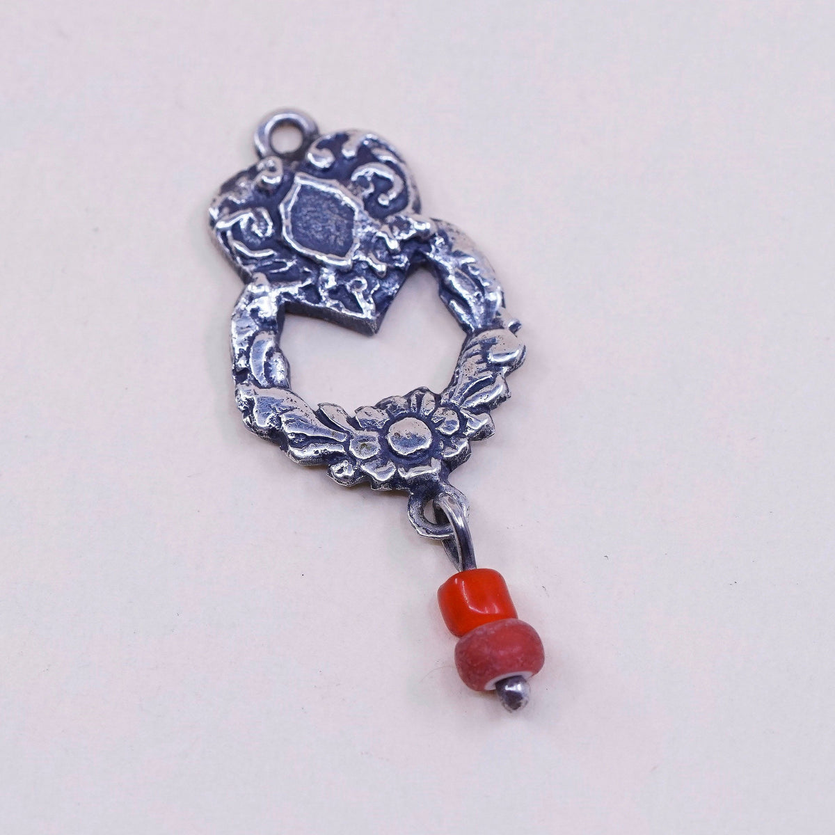 VTG handmade sterling silver charm, 925 heart pendant W/ coral, silver tested