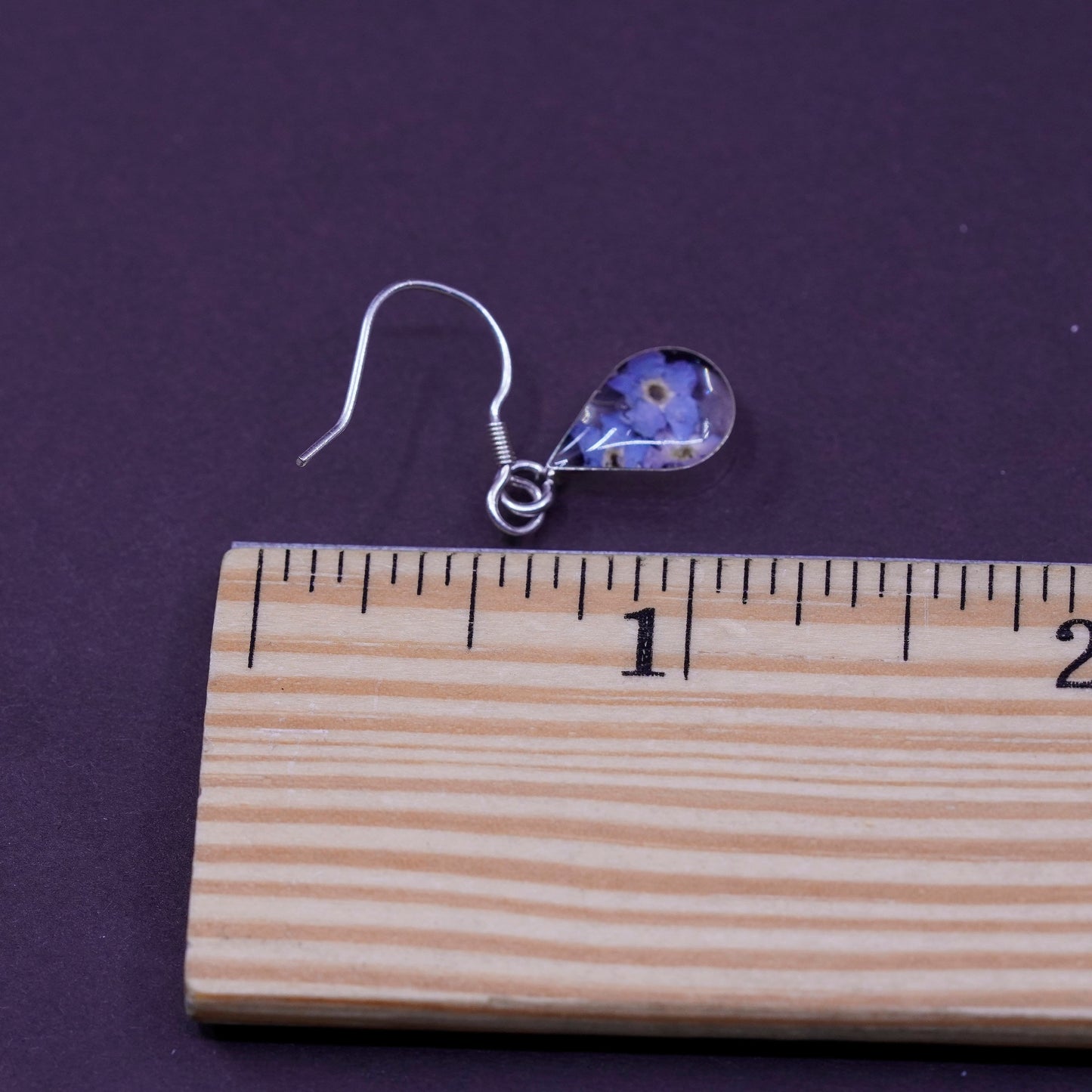Vintage Sterling 925 silver handmade teardrop earrings with purple resin flower
