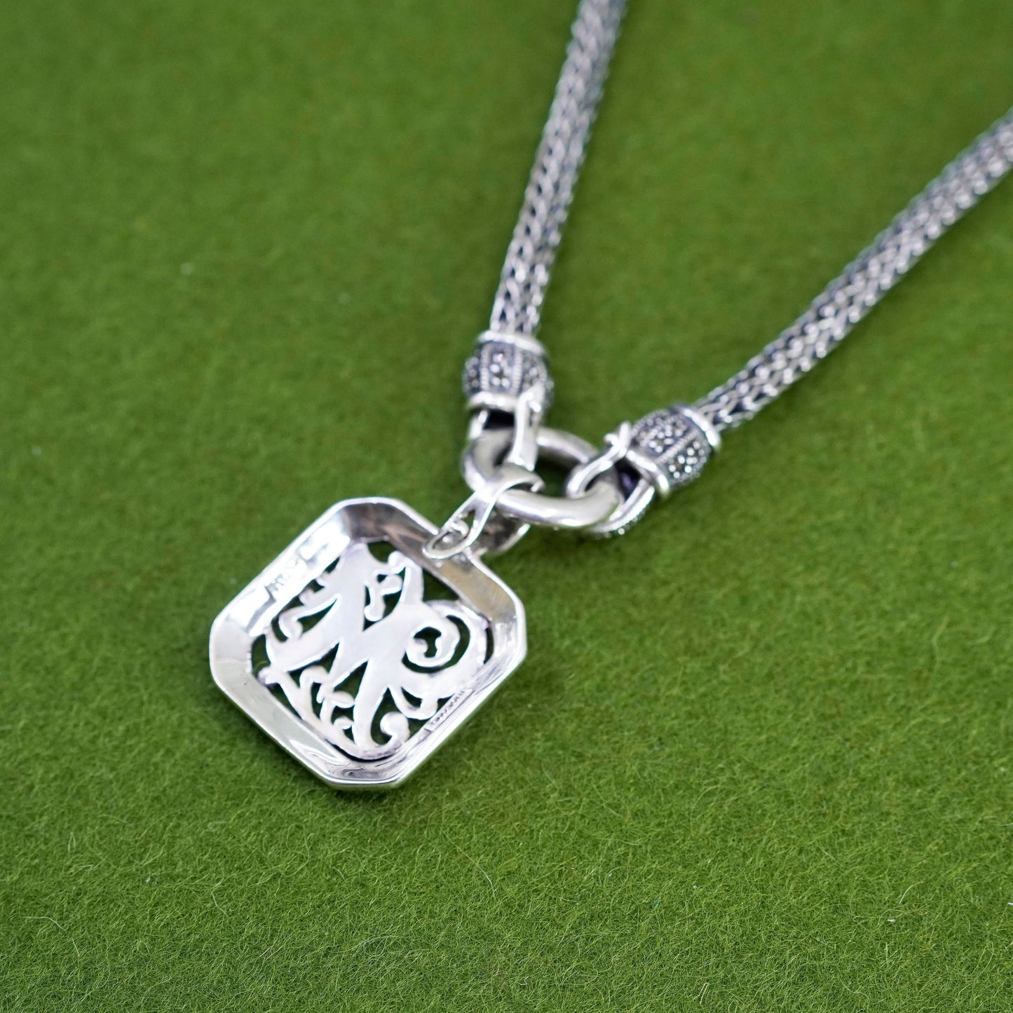17”, sterling 925 silver necklace, wheat chain marcasite initial “M” pendant
