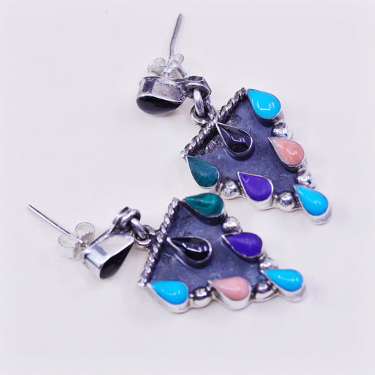 Vintage Sterling 925 silver handmade earrings with onyx, coral and malachite, stamped 925 mexico TJ-51