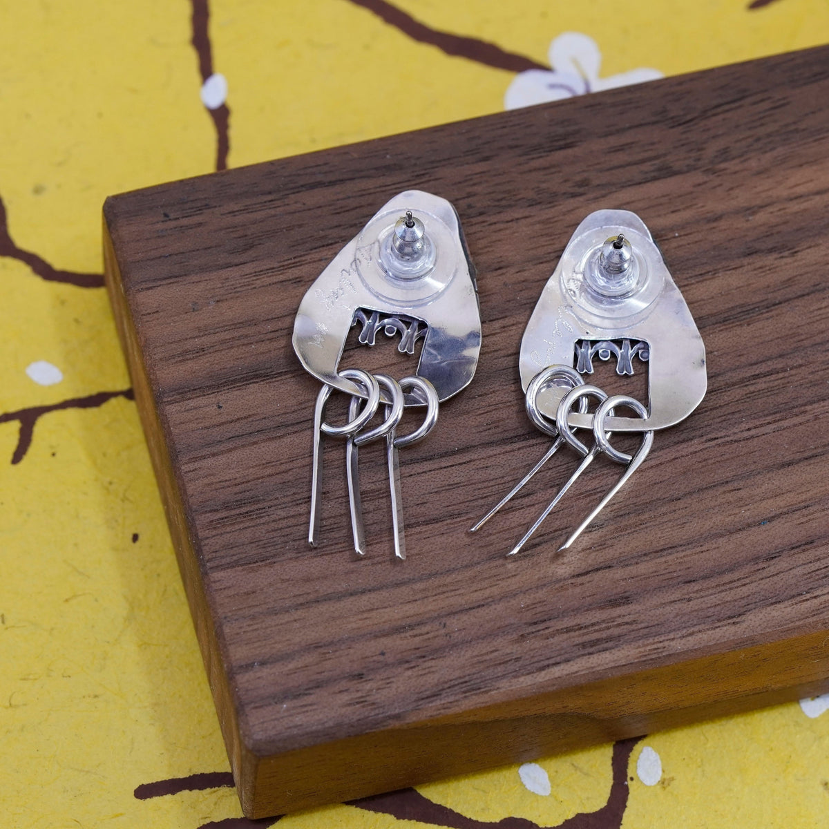 Triple tone Native American handmade sterling 925 silver earrings fringe dangle