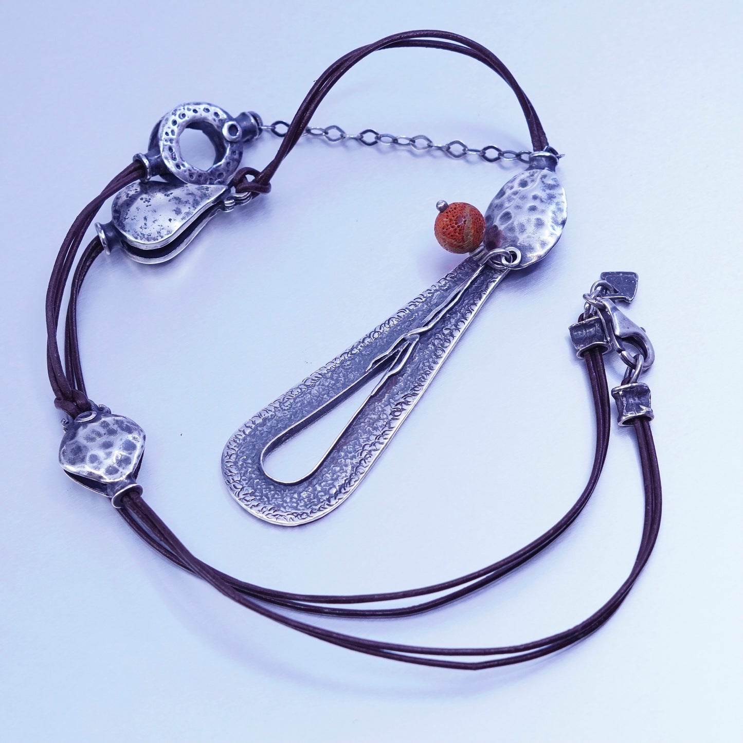 20”, Silpada Teardrop Sterling Silver 925 Pendant Coral Leather Necklace N1950