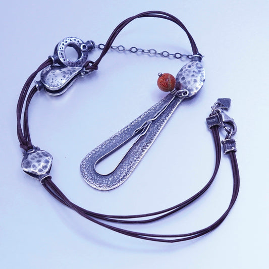 20”, Silpada Teardrop Sterling Silver 925 Pendant Coral Leather Necklace N1950