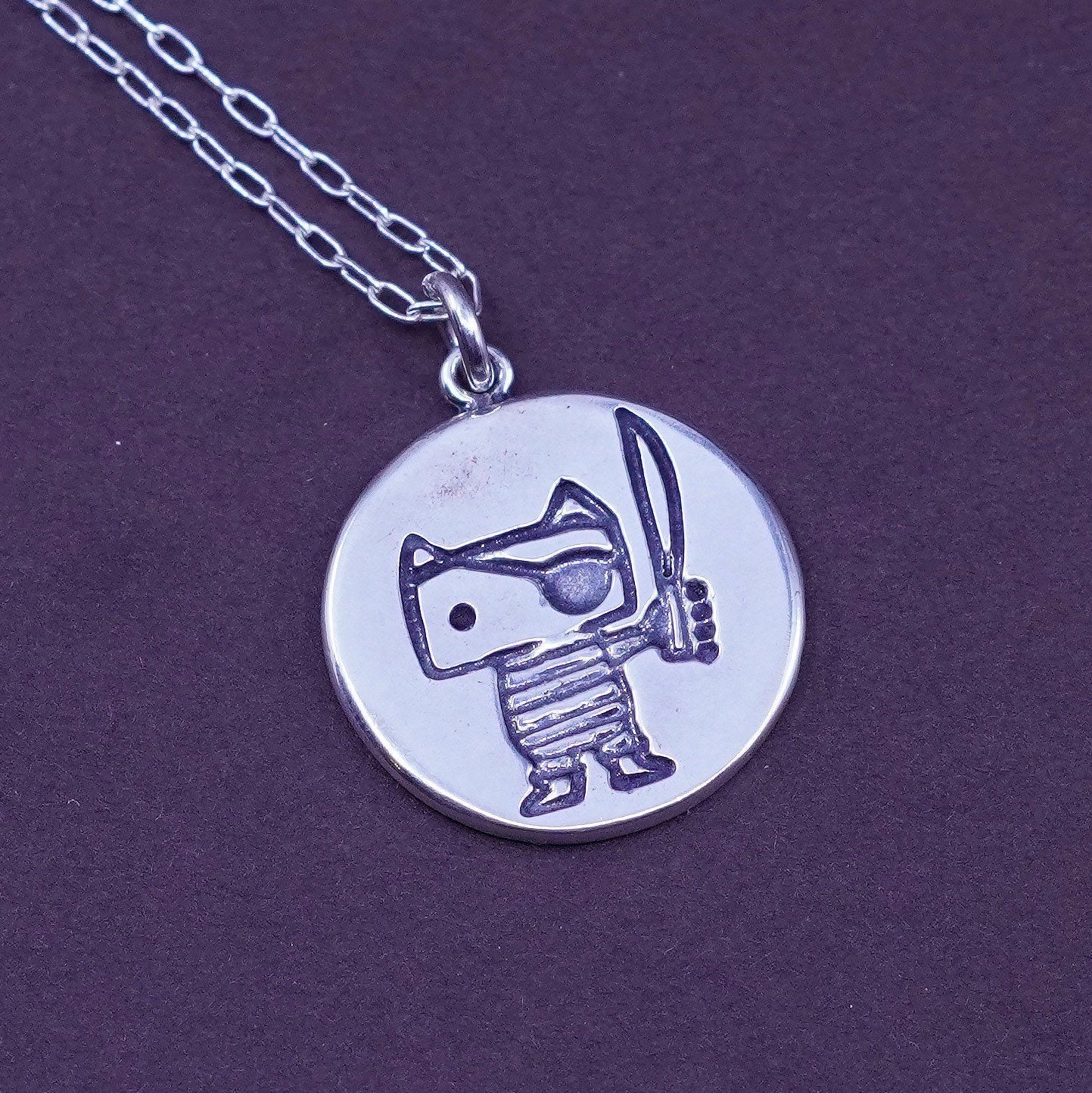 16”, Sterling silver necklace, 925 circle chain tag pendant pirate cat stars