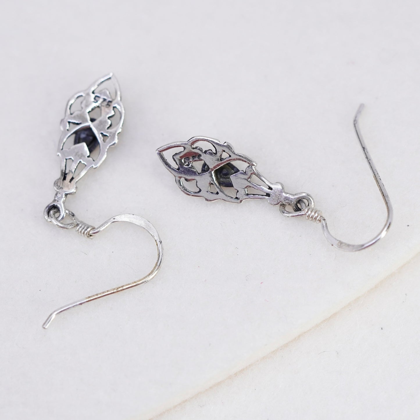 Mexico Sterling 925 silver handmade filigree teardrop earrings with black onyx