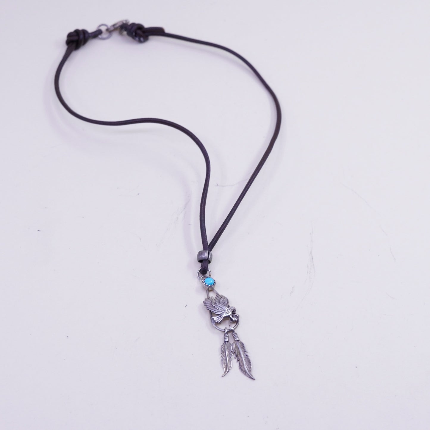 14”, Native American sterling silver necklace, 925 eagle pendant leather chain
