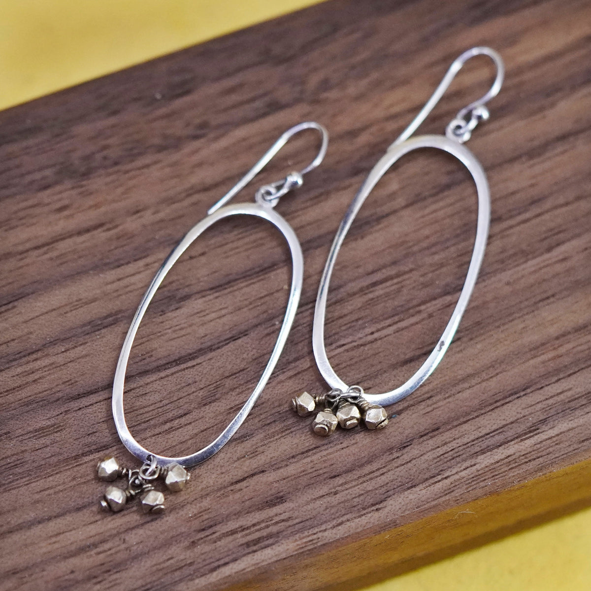 Vintage Sterling silver handmade earrings, 925 double oval dangle w/ gold beads