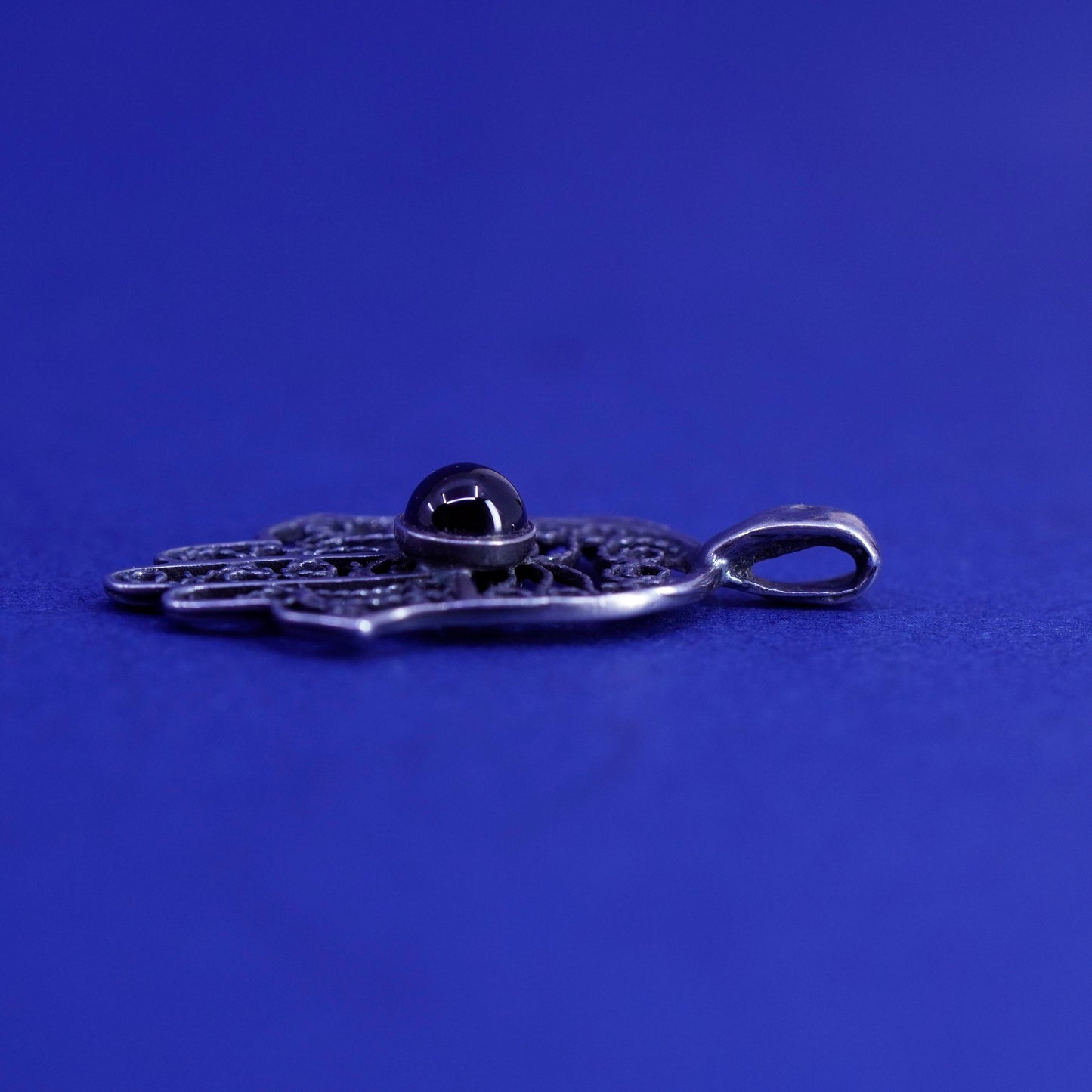Vintage Sterling silver handmade pendant, 925 filigree hand with garnet