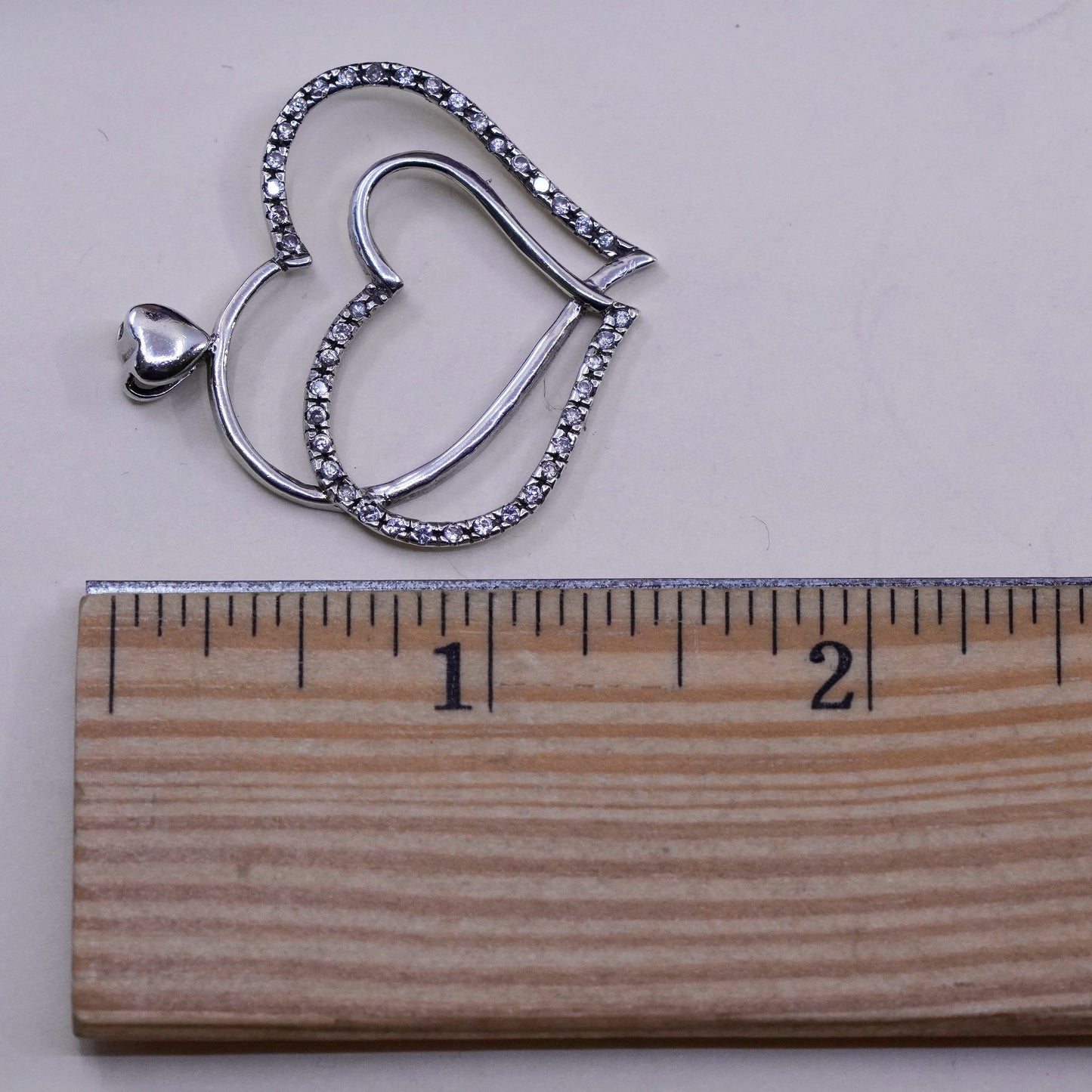 Vintage sterling silver pendant, 925 double heart with genuine diamond around