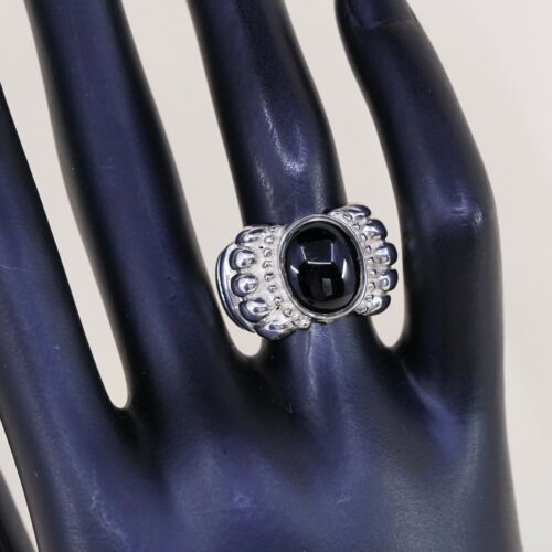 Sz 6.5, Vtg Sterling Silver Handmade Ring, 925 Band W Obsidian N Bali Beads