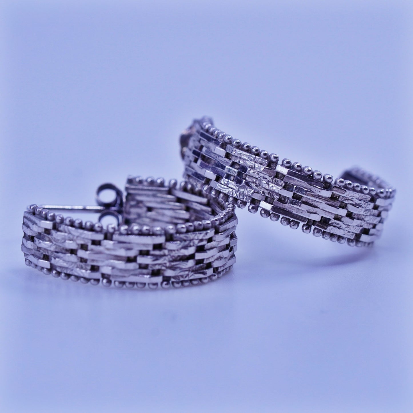 0.75”, vintage Sterling silver handmade earrings, 925 Riccio textured hoops