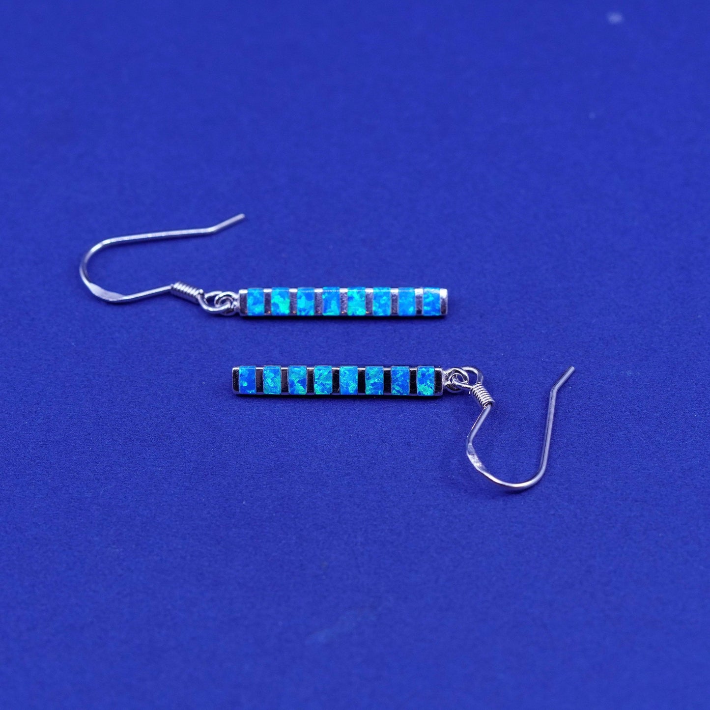 Vintage Zuni sterling 925 silver handmade long earrings with opal inlay