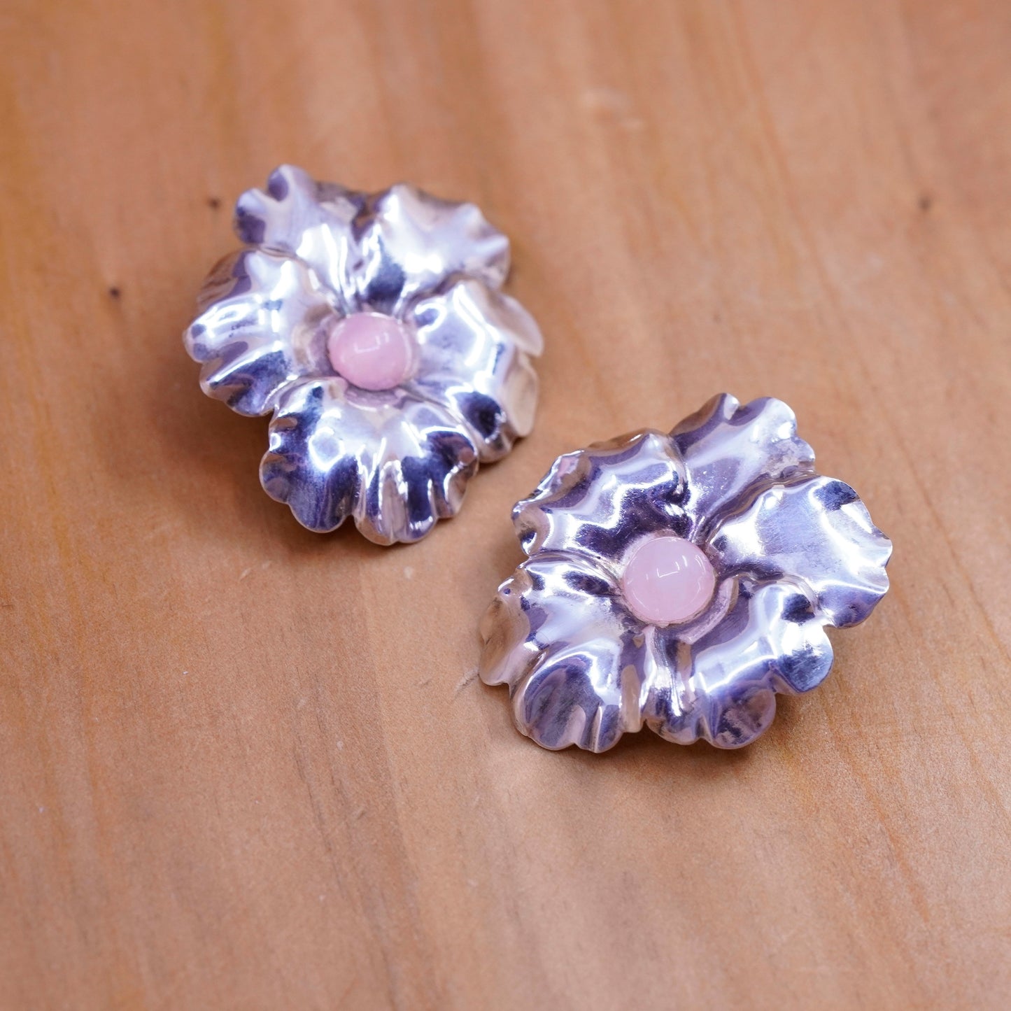 Vintage Sterling silver handmade earrings, 925 flower studs with pink quartz