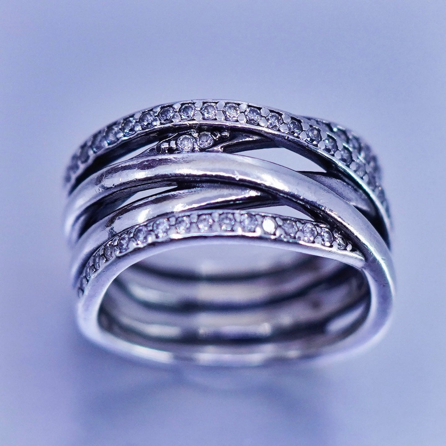 Size 6, ALE fashionable Sterling 925 silver entwined ring with cluster cz, band