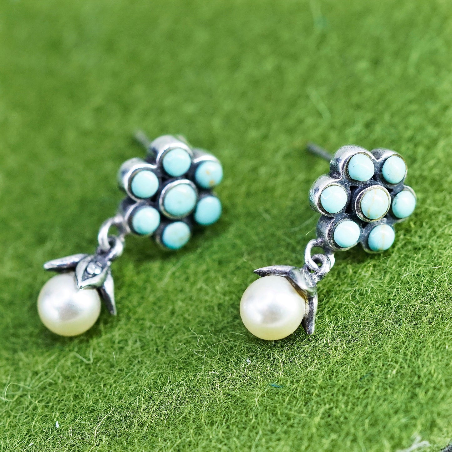 Native American Sterling 925 Silver Handmade flower earrings turquoise pearl cz