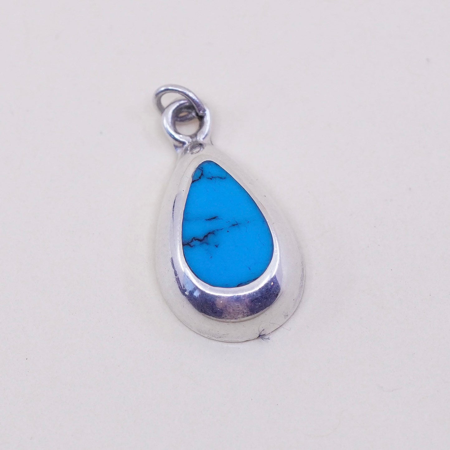 Vintage Sterling silver handmade pendant, 925 teardrop charm with turquoise