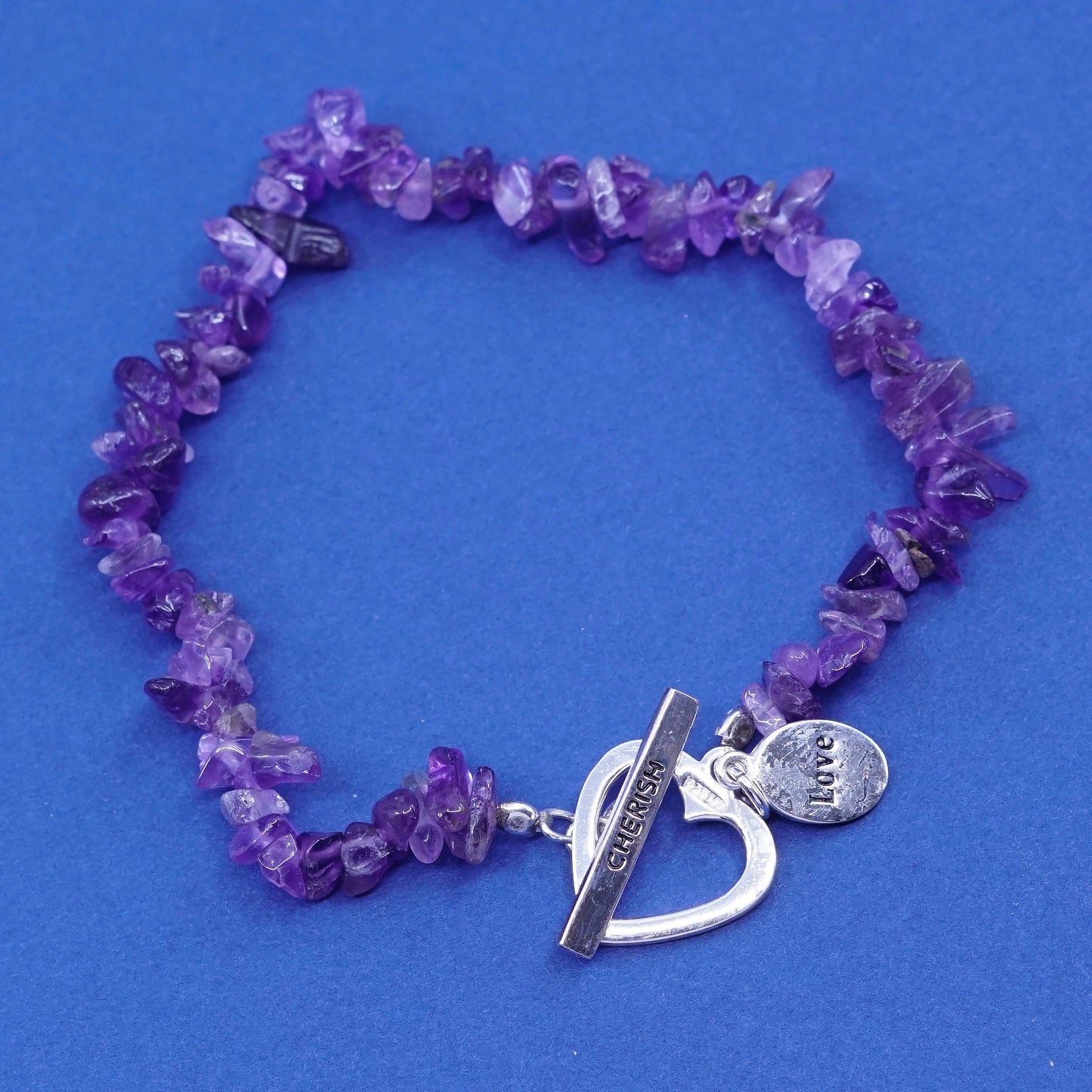 Adjustable, Vintage handmade sterling 925 silver bracelet with amethyst beads