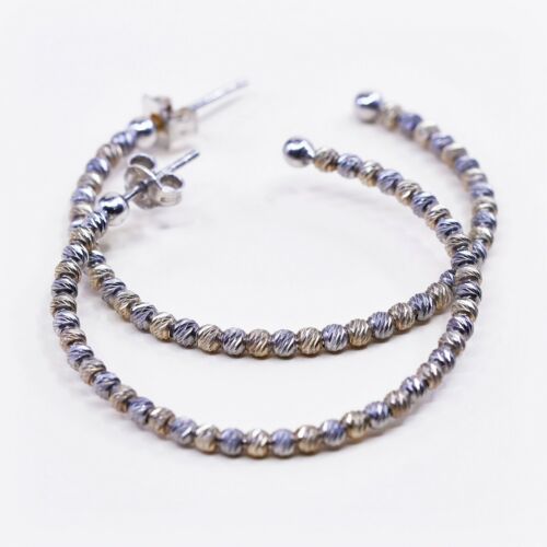 1.5", vtg Two Tone Sterling silver Handmade hoops, 925 huggie earrings N beads