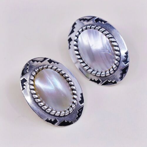 Vtg C Co Handmade STERLING SILVER earrings, 925 Studs W/ Pearl N Stamped Texture