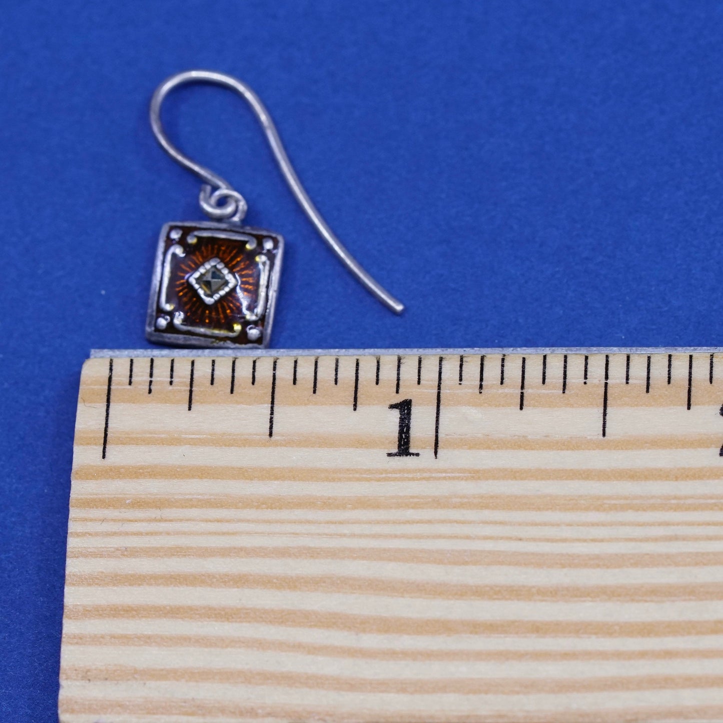 vtg JMA sterling silver handmade earrings, 925 square w/ enamel N marcasite