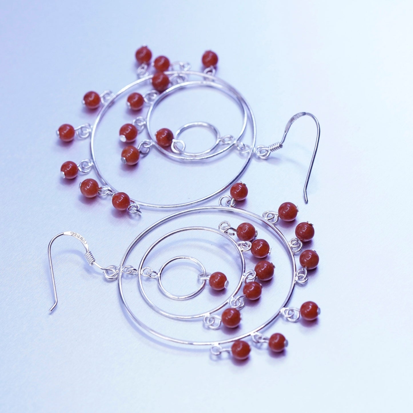 Vintage Sterling 925 silver handmade multi circle earrings with carnelian beads