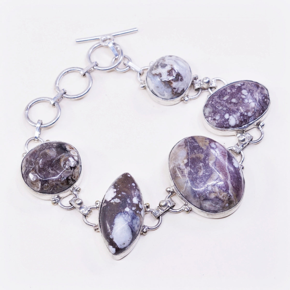 6.5+1”, vtg sterling 925 silver handmade bracelet w/ jasper and toggle closure