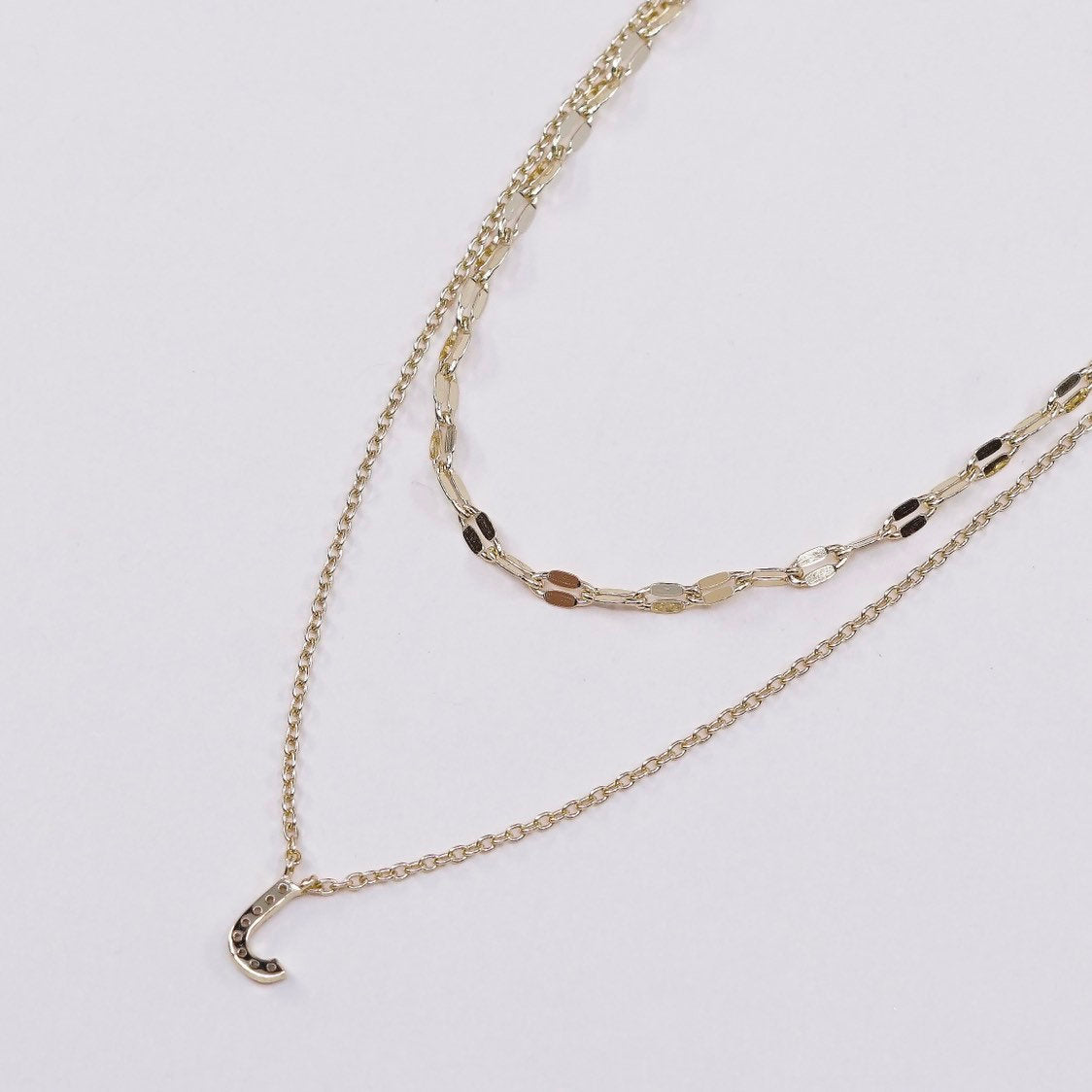 14", vtg Vermeil gold sterling silver 925 flatten chain w/ initial J pendant