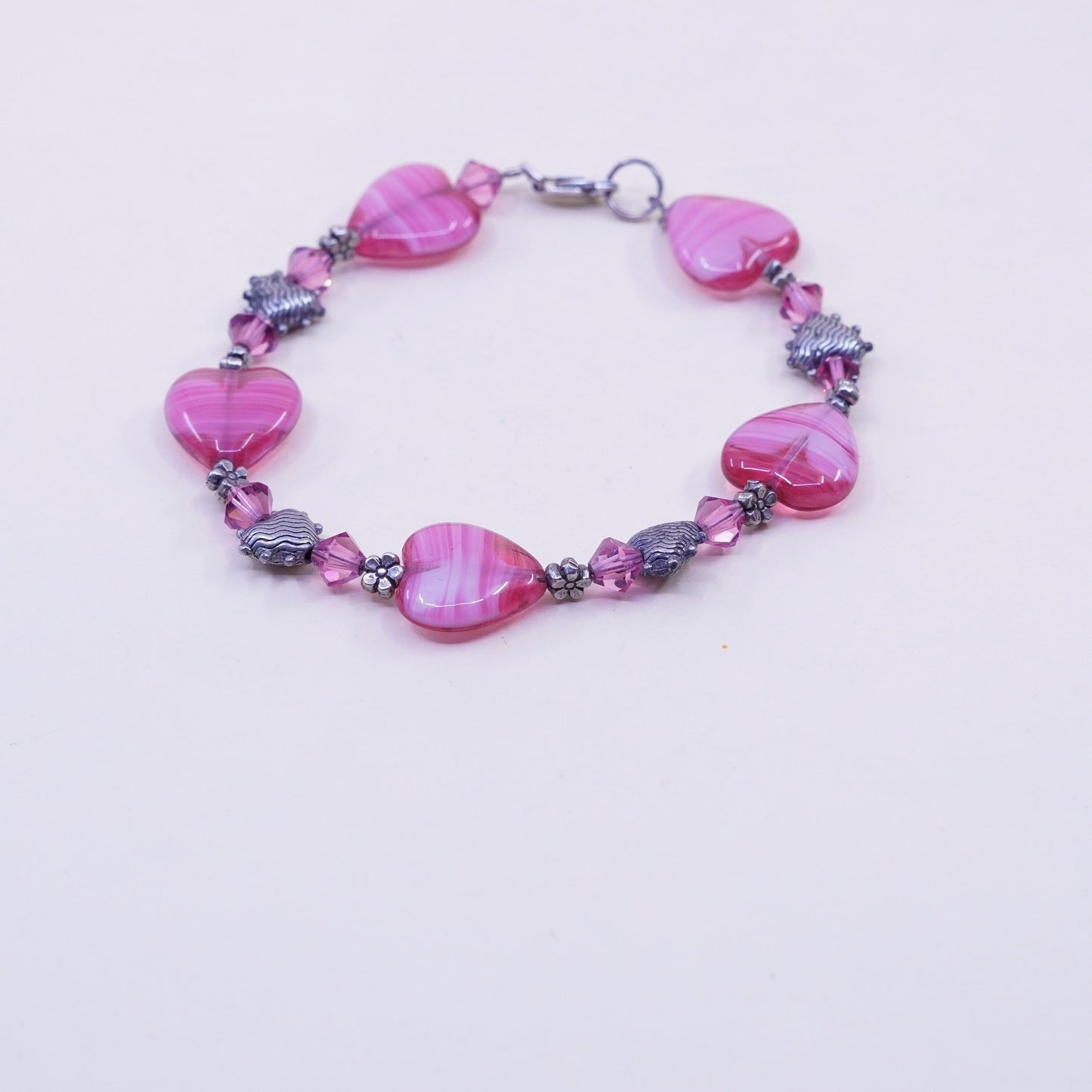 7.75”, vintage 925 Sterling silver beads bracelet w/ artisan pink glass heart