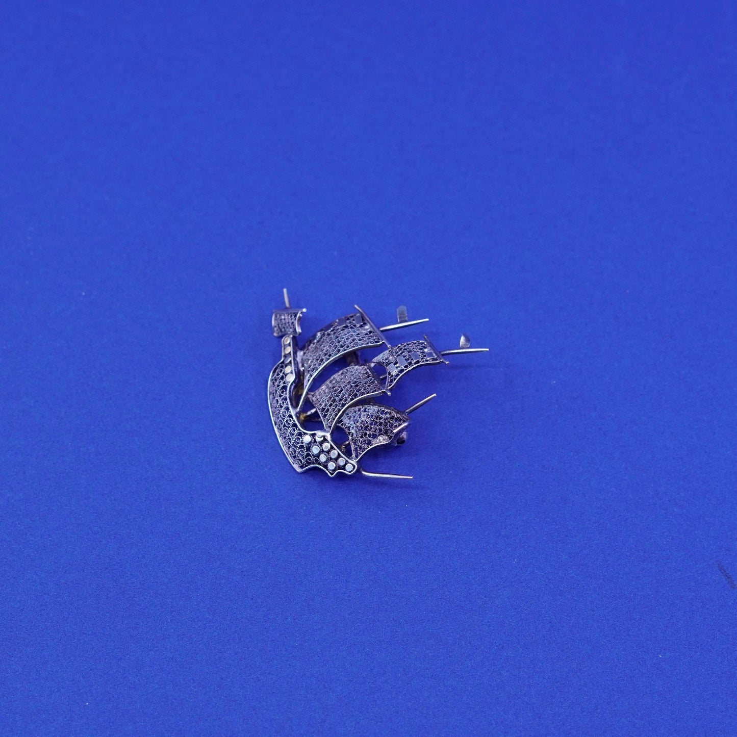 Vintage sterling silver handmade brooch, 800 filigree boat pin