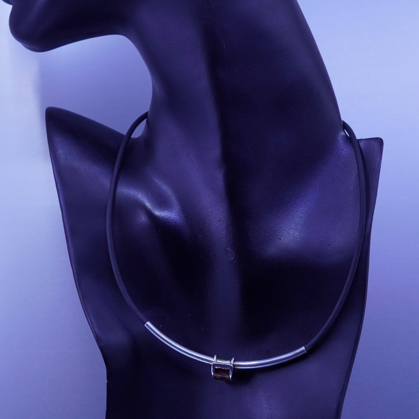 18”, vintage 925 Sterling Silver Handmade black Leather Necklace square Amber