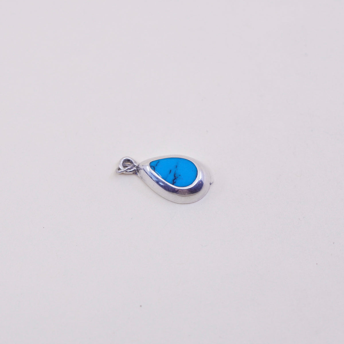 Vintage Sterling silver handmade pendant, 925 teardrop charm with turquoise