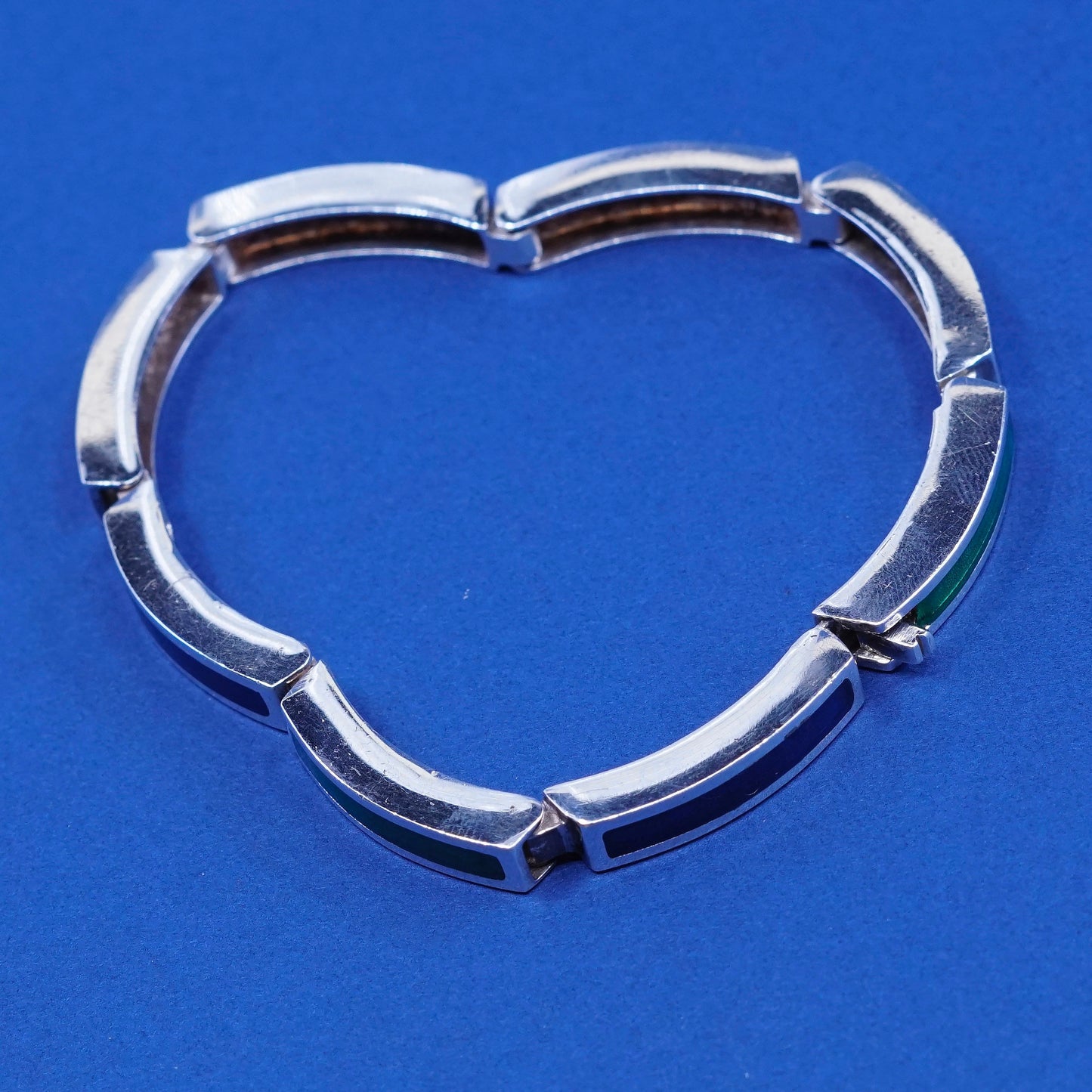 7.25”, vintage Sterling silver handmade bracelet, 925 bar with enamel