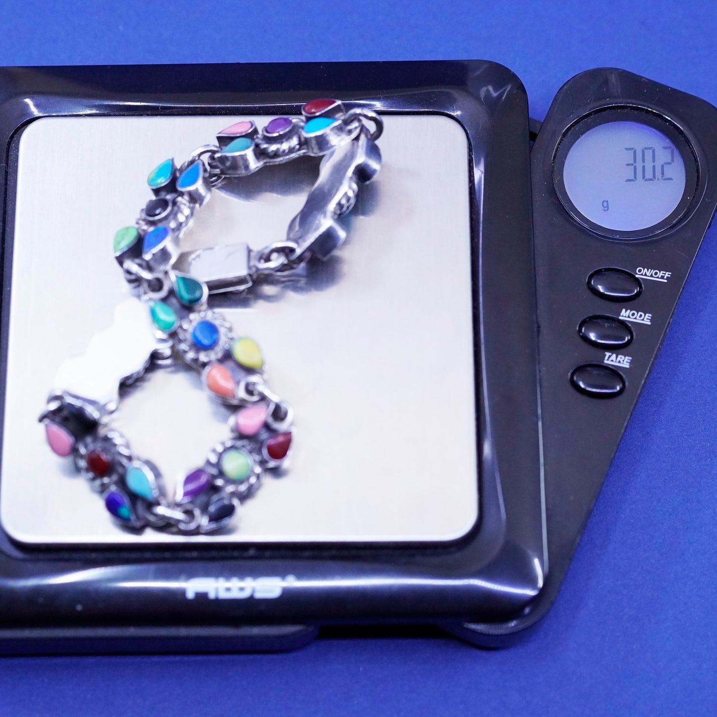 7.75”,vtg Mexico Sterling 925 silver bracelet turquoise malachite onyx lapis