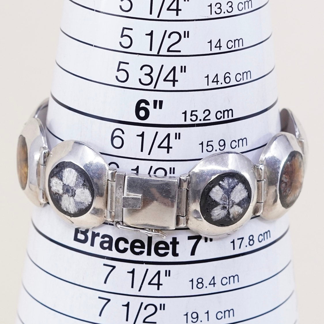 6.5”, VTG Sterling silver handmade bracelet, 925 with mother of pearl clover