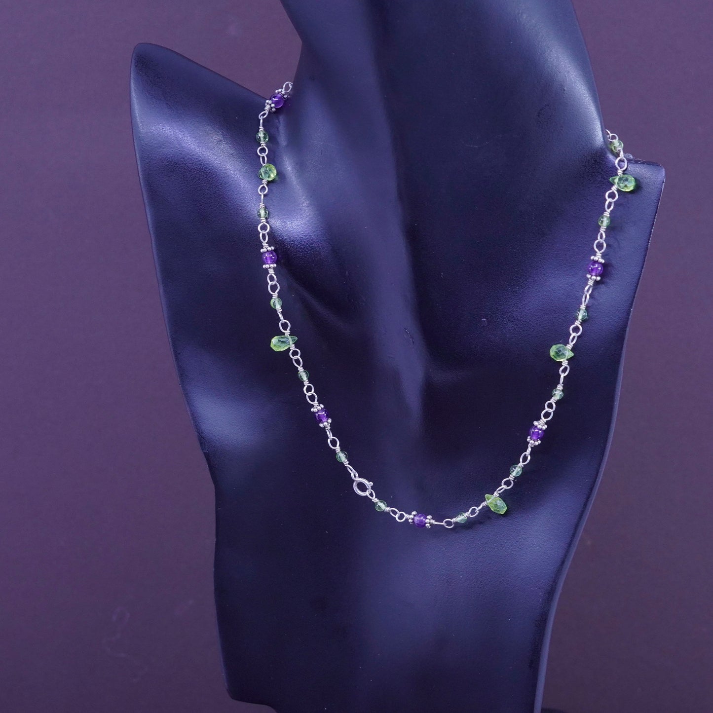 16”, Sterling silver Handmade necklace 925 circle chain peridot amethyst nugget