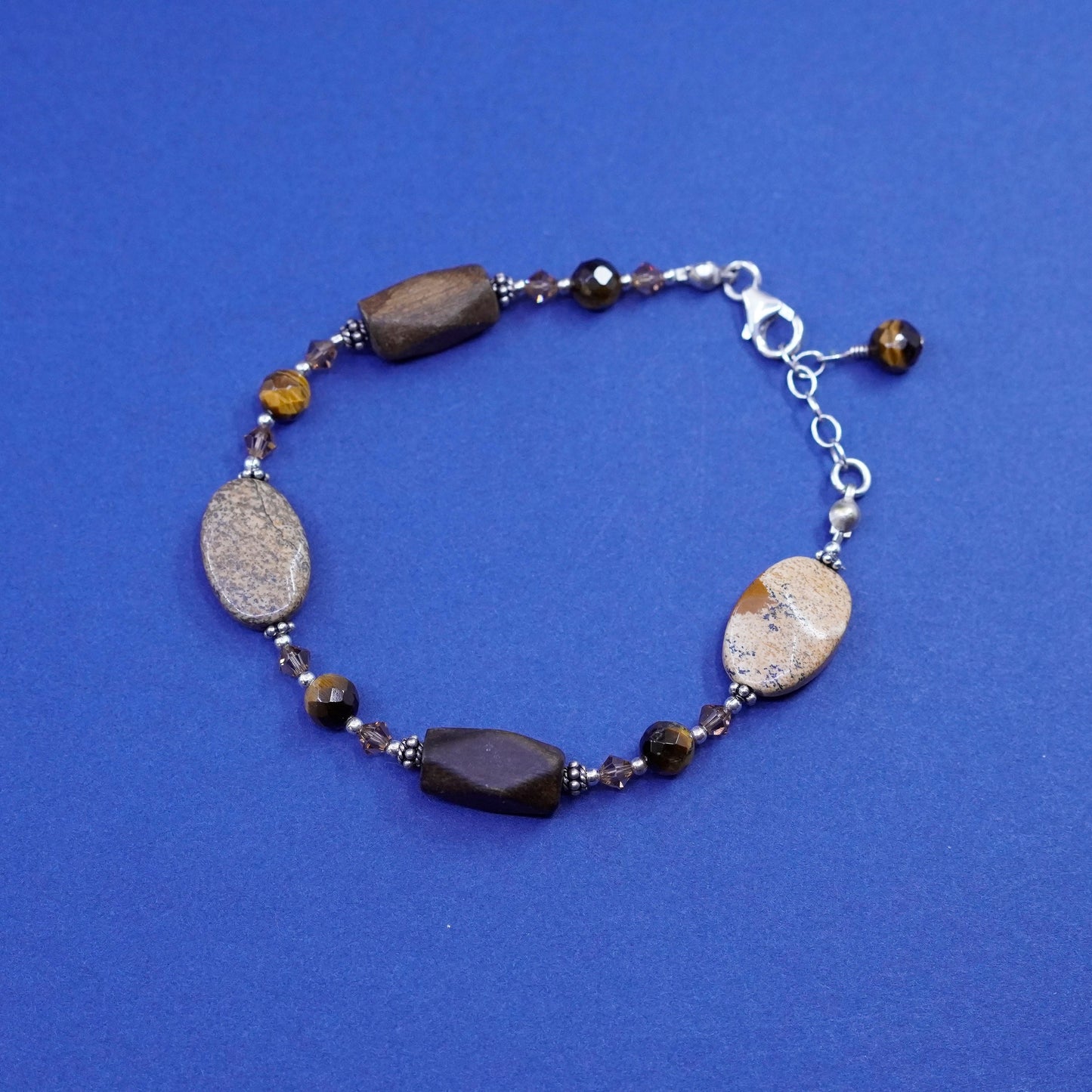 7.5+1”, Sterling 925 Silver tiger eye Wood jasper nugget handmade Bracelet