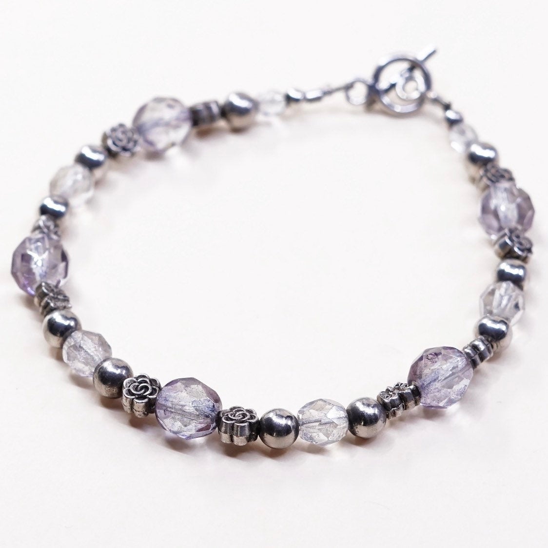 7.25”, VTG sterling silver handmade bracelet, 925 beads w/ crystal beads