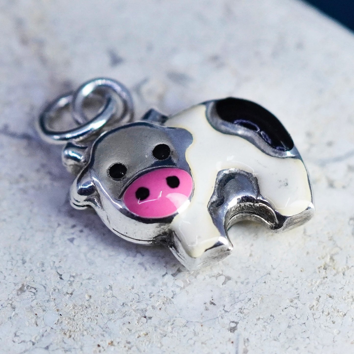 Vintage Sterling 925 silver handmade pendant, enamel cow charm