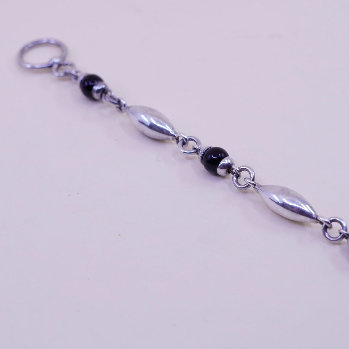 7”, Vintage Mexico Sterling 925 silver marquise shaped bracelet obsidian beads