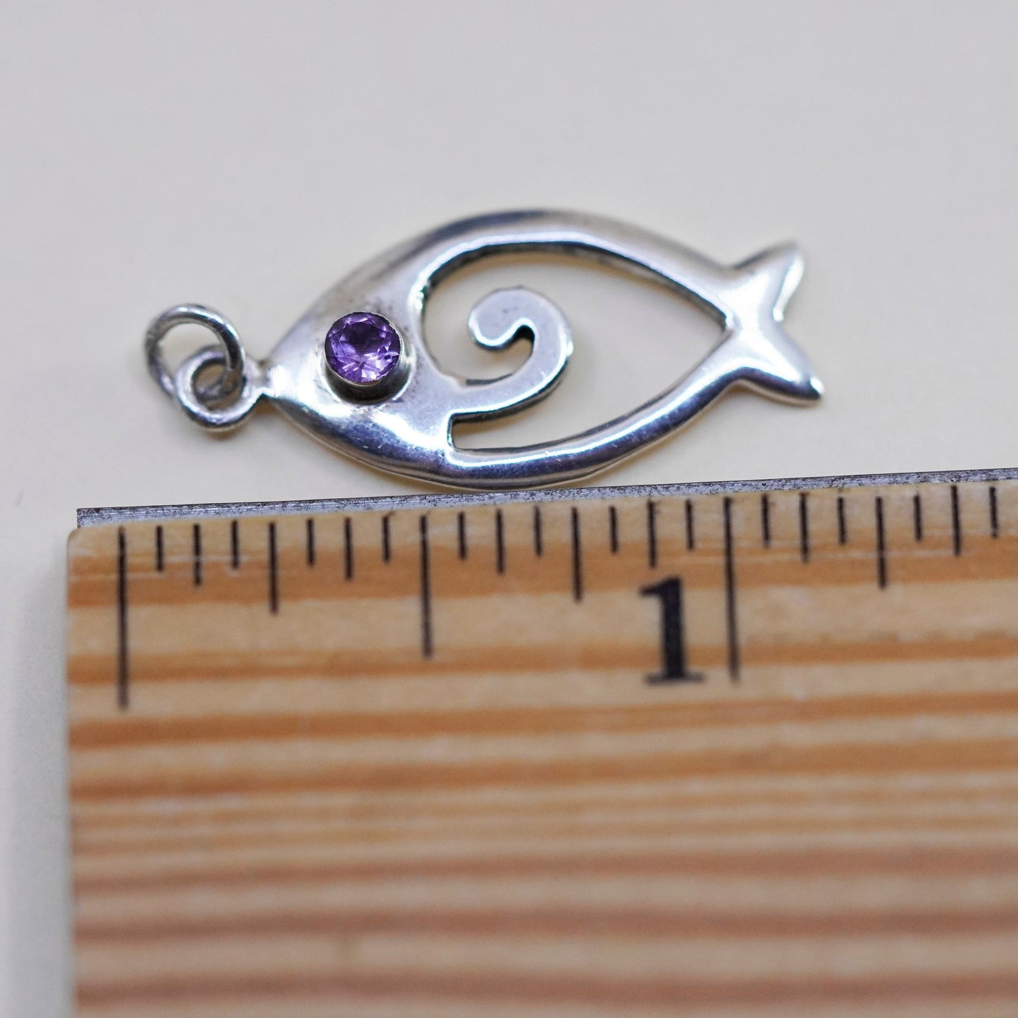 Vintage sterling silver fish bone charm with amethyst, 925 pendant