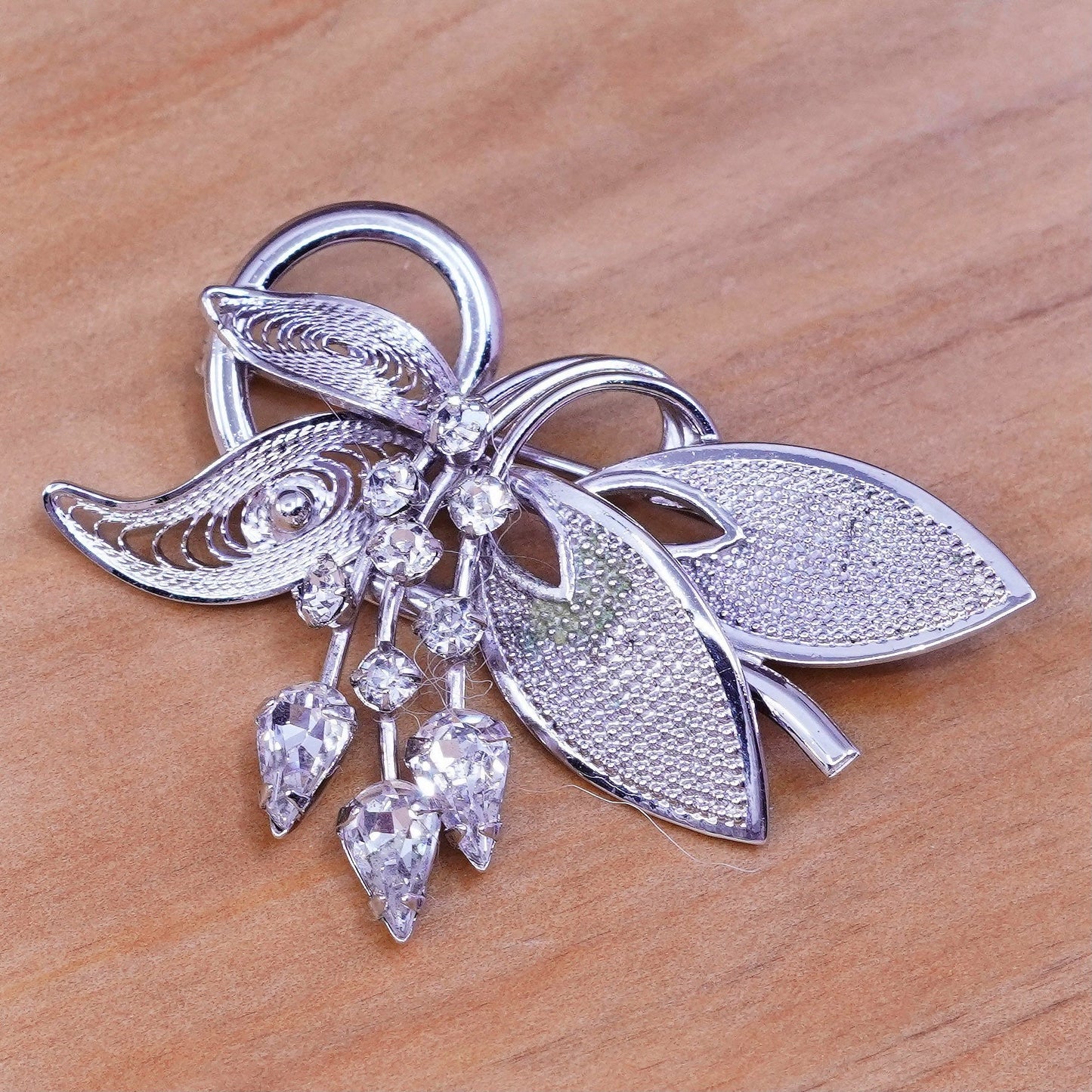 Vintage handmade sterling 925 silver filigree flower brooch with rhinestone