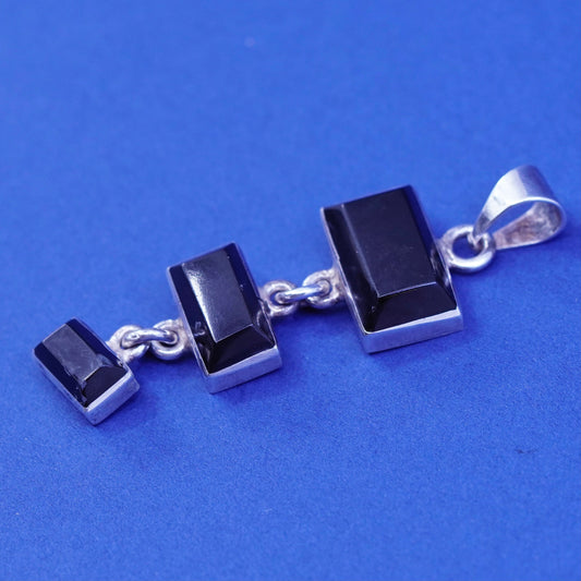 Vintage Sterling 925 silver handmade pendant with square obsidian