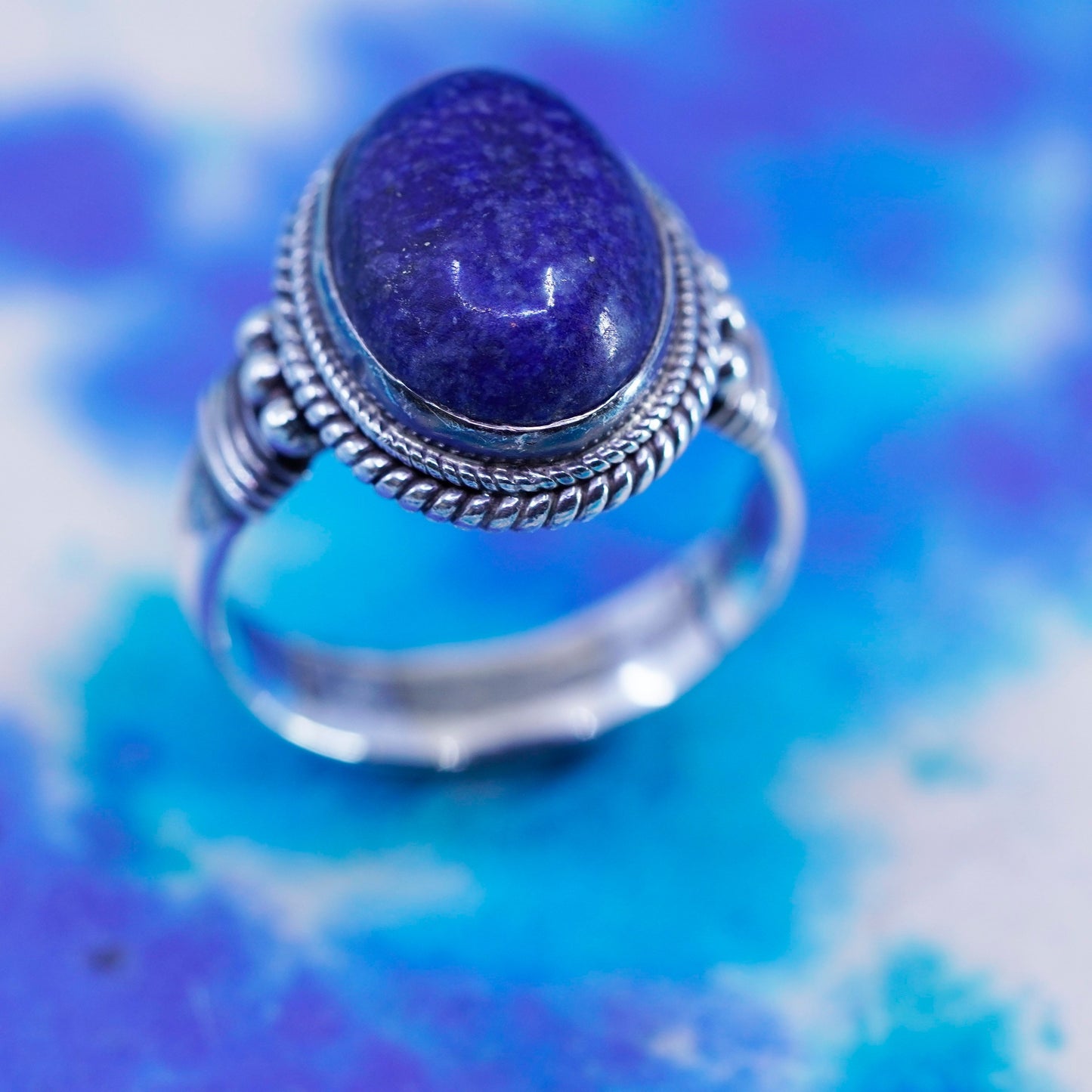 Size 7, vintage sterling 925 silver handmade ring band with sodalite and cable