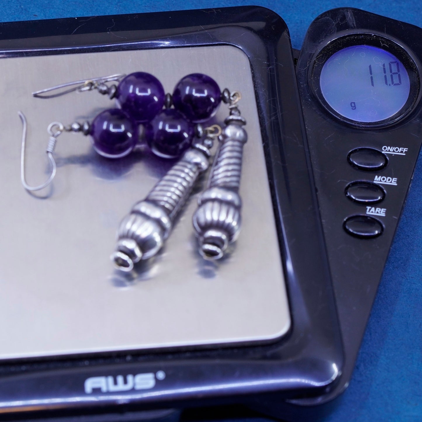 Vintage sterling silver handmade earrings, long 925 teardrop with amethyst