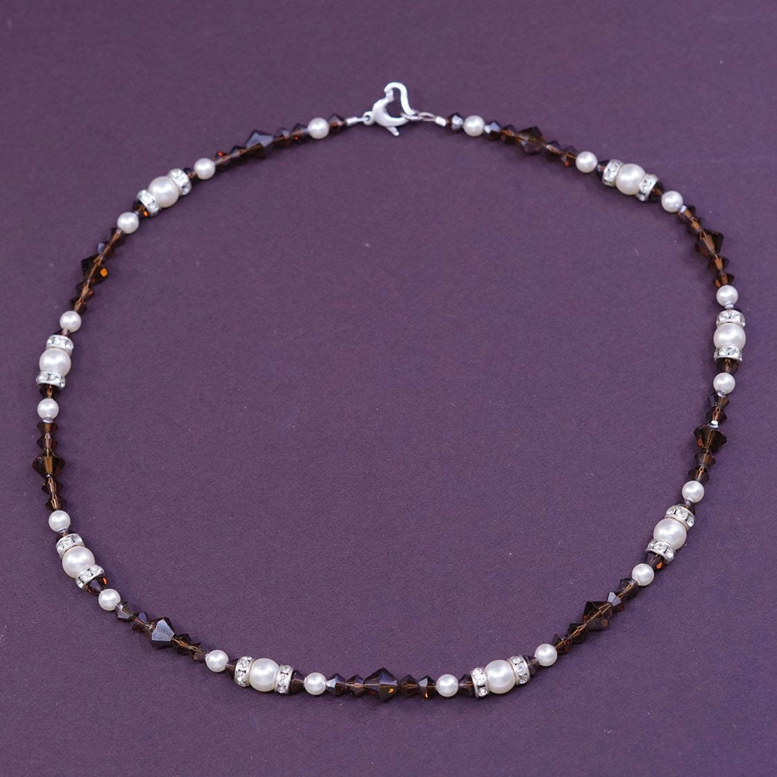 16", Sterling silver handmade necklace, 925 Heart clasp w/ pearl N garnet beads
