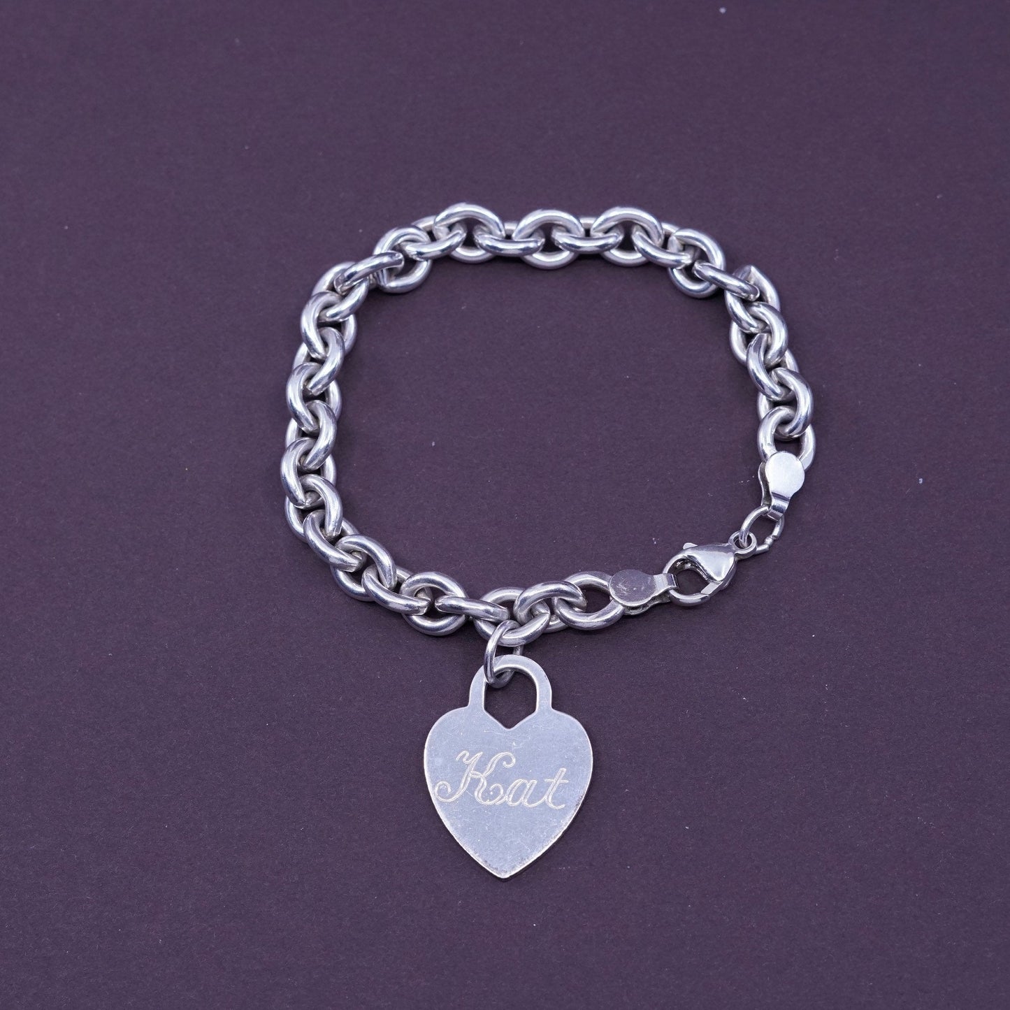 6.75”, 8mm, Sterling silver handmade charm bracelet, 925 circle chain w/ heart