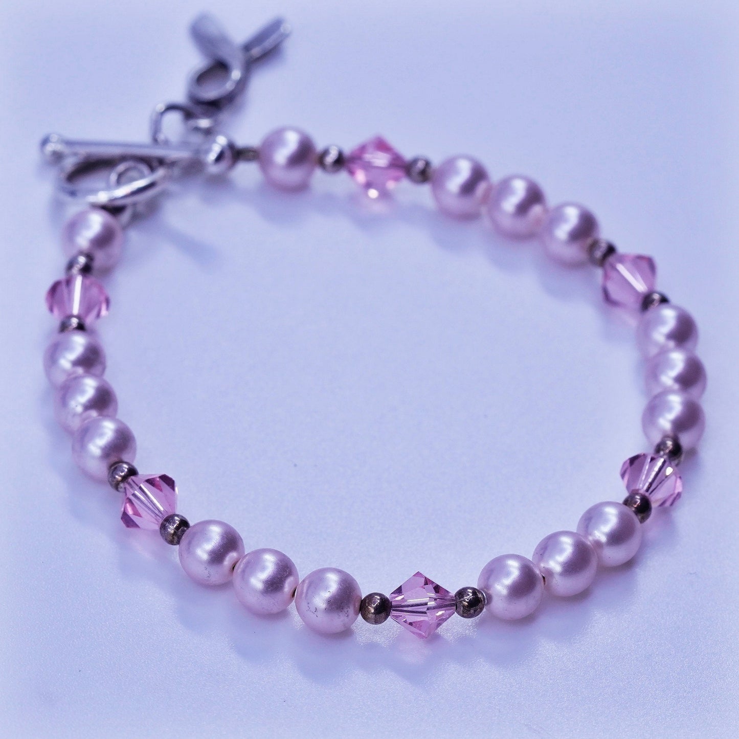 7”, Sterling 925 silver bracelet freshwater pearl breast cancer ribbon bow tie