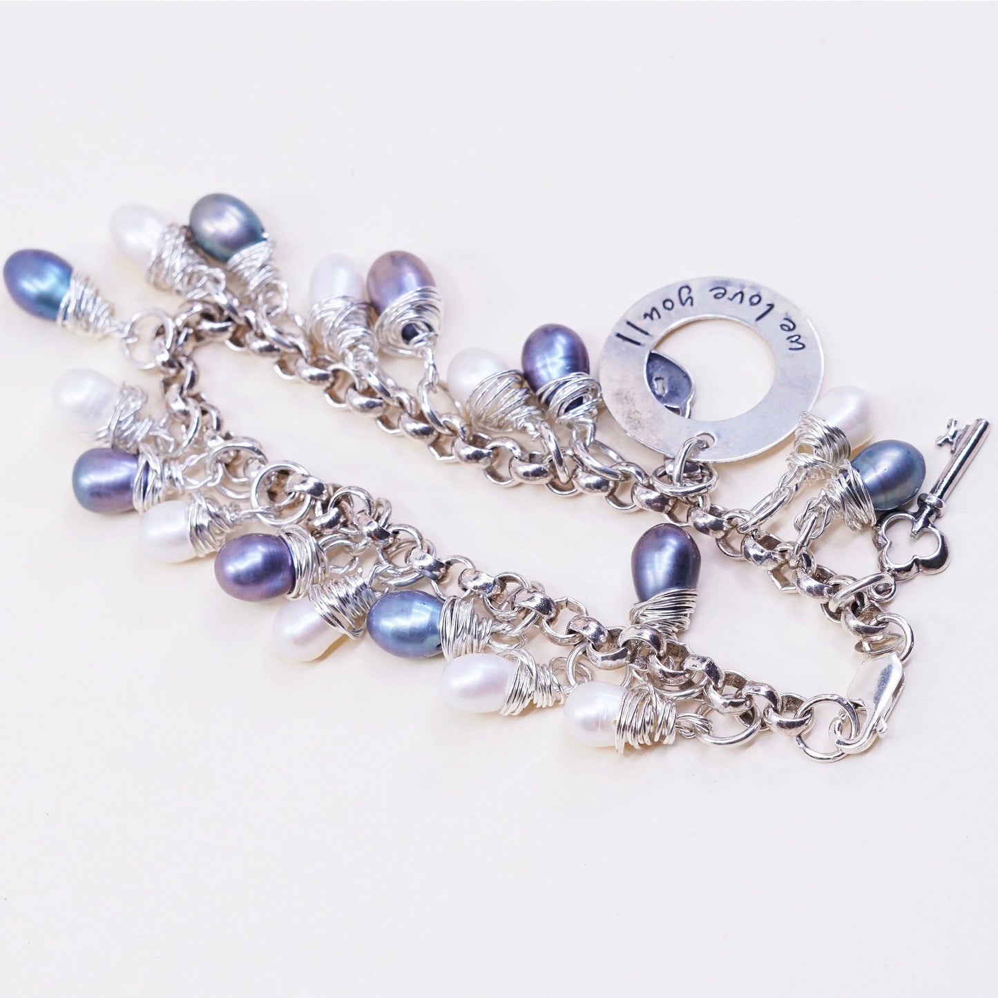 7”, vtg sterling 925 silver handmade bracelet w/ pearl N “we love you” charm
